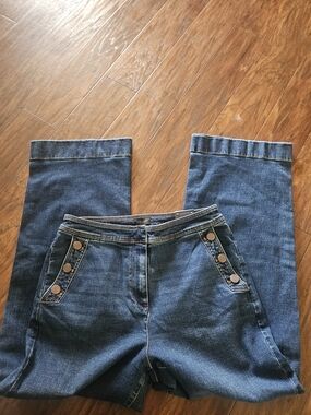 Talbots Dark Blue Wide Leg High Rise Jeans with Button-Accent Pockets Sz 14 Nwt